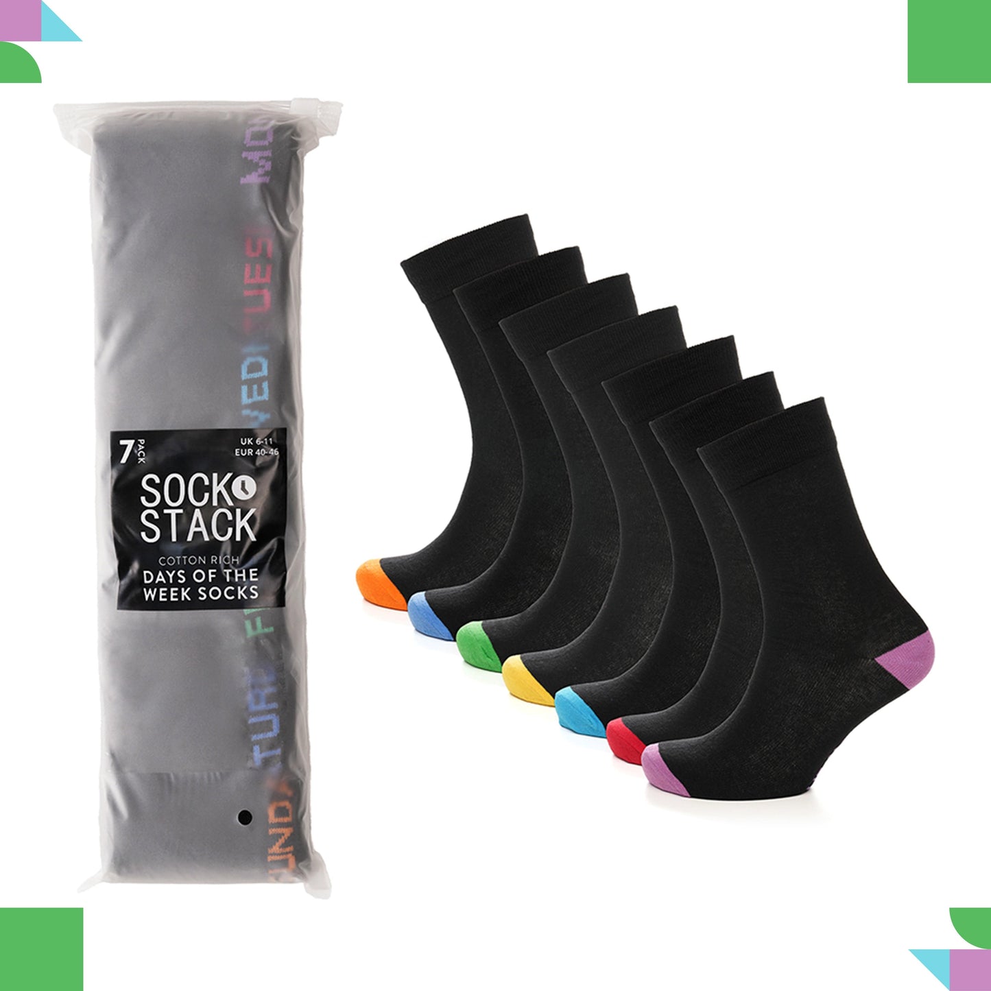 7 Pack Days Of The Week Cotton Rich Boys Girls Kids Men's Women's Socks Black with Multi Colour Heel and Toe Design By Sock Stack