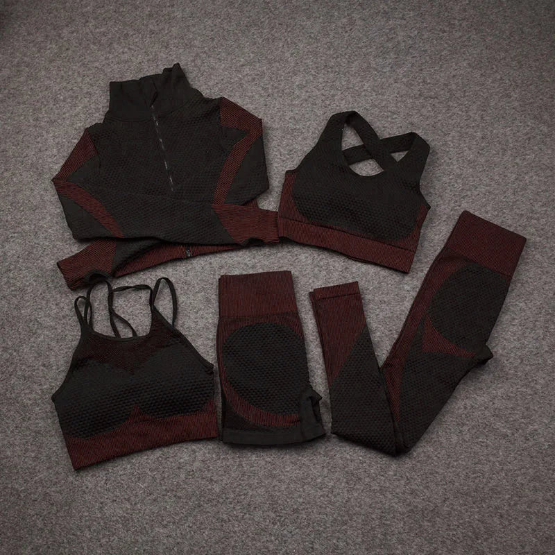 2/3/5 PCS Seamless Women Yoga Set Workout Sportswear Gym Clothing Fitness Long Sleeve Crop Top High Waist Leggings Sports Suits