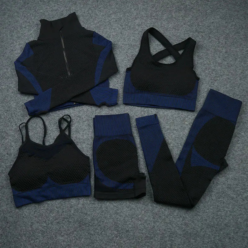 2/3/5 PCS Seamless Women Yoga Set Workout Sportswear Gym Clothing Fitness Long Sleeve Crop Top High Waist Leggings Sports Suits