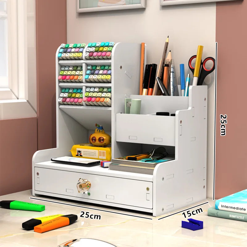 Mark Pen Pencil Holder Wooden Desk Organizers Shelves Accessories Desktop Stationery Organizer Bookshelf Home Office Storage Box
