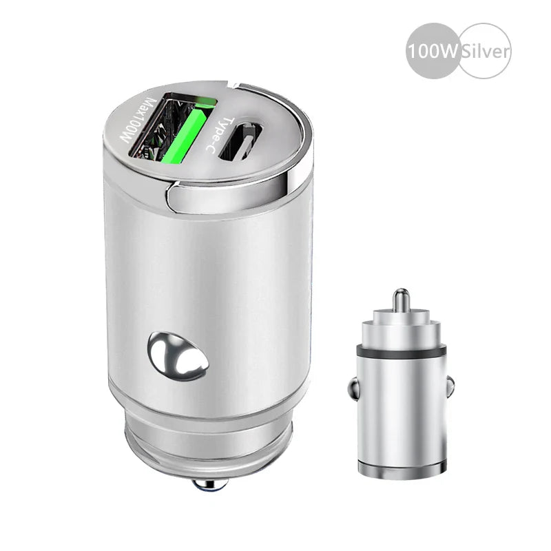 100W USB Car Charger Mini Fast Charging Dual Ports Phone Charger Type C QC3.0 PD Car Chargers for IPhone Xiaomi Huawei Samsung