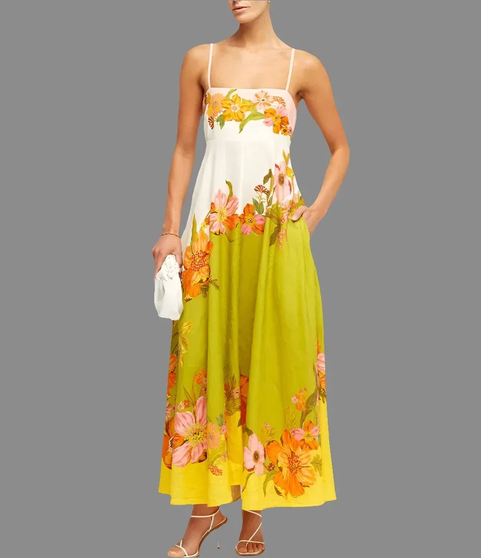 Casual Summer Dress For Women - High Waist Sleeveless Linen Swing Dress in Elegant Print