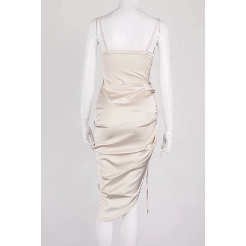 AUDRINA Cream Satin Midi Bodycon Dress