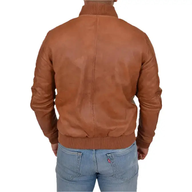 Men’s Tan Leather Varsity Bomber Jacket