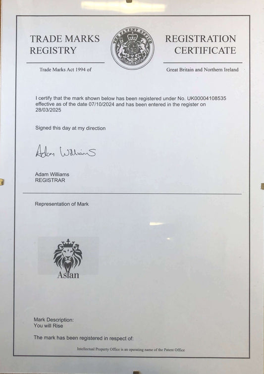 trademark registration approval certificate for Aslan, showing official trademark registration details and signature.