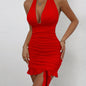 1pc Sexy Halter Neck Bodycon Dress with Lettuce Trim, Deep V-Neck Knit Dress
