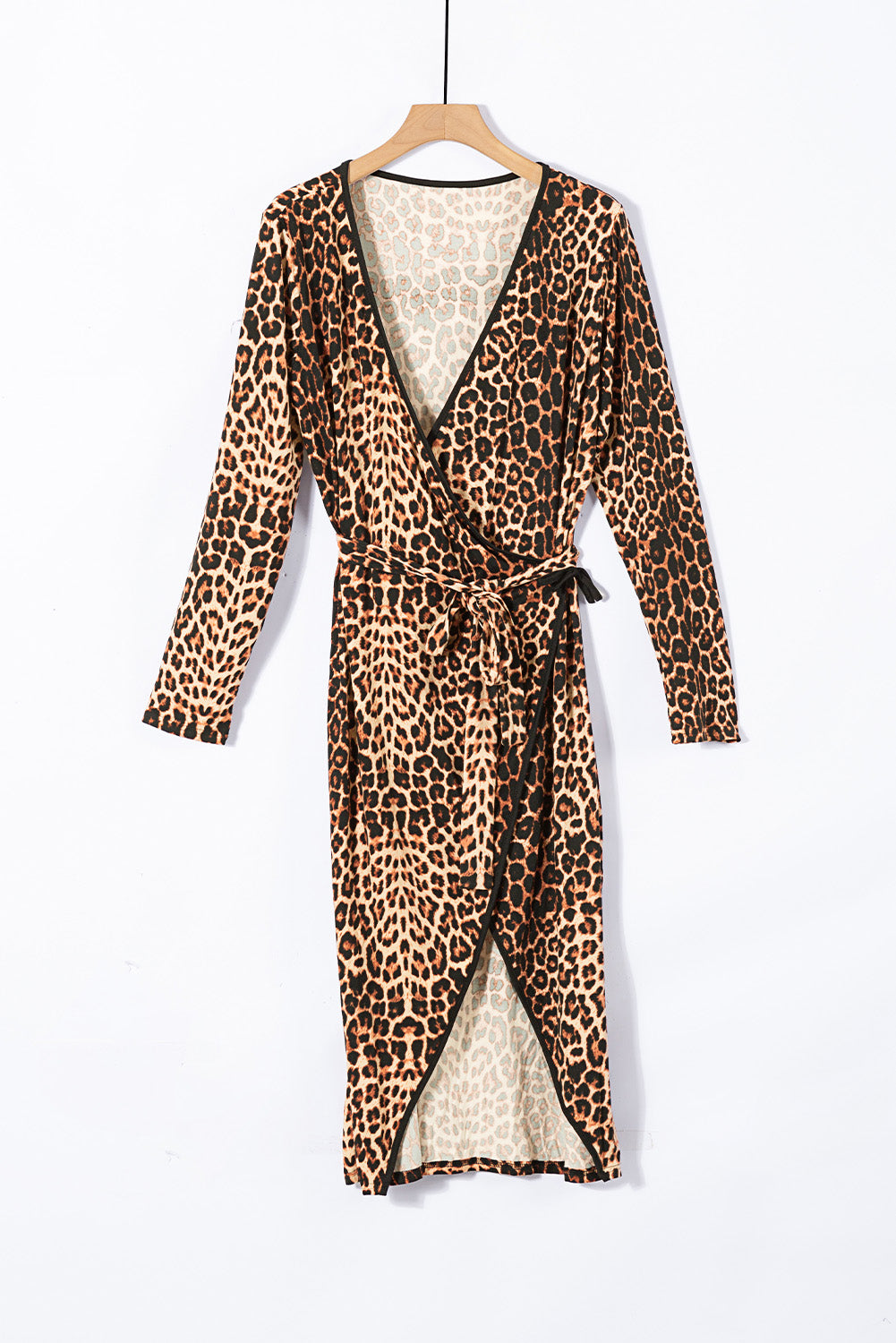 Brown Leopard Wrap V Neck Plus size Dress with A Slit