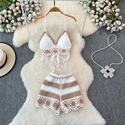 V-neck Fringe Vest High-waisted Hollowed-out Wide-leg Shorts Women's Suit