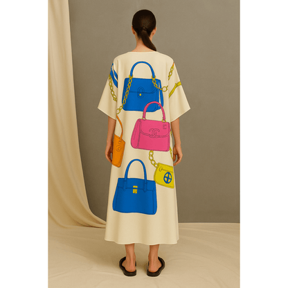 CAIRO Luxe Handbag Print Silk Caftan – Ivory Multicolor