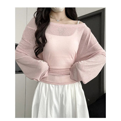 Outerwear Slightly Sheer Air-conditioning T-shirt With A Fitted Waist And Off-the-shoulder Design