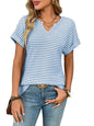 New Women's V-neck Short-sleeve Loose-fit Striped Casual Pullover T-shirt