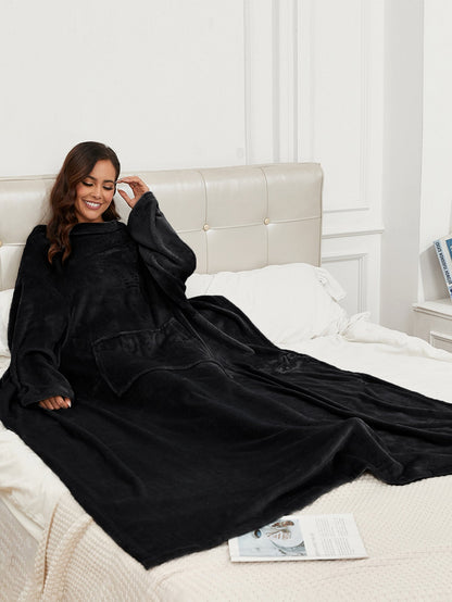 RONGTAI Fleece Wearable Blanket With Sleeve And Pocket For Adults, Cozy Warm Full Body Wrap Throws Blanket Robe, Navy, Oversized