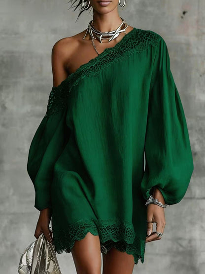 Solid-color Lace-trimmed Casual Off-shoulder Long-sleeve Top