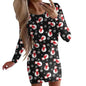 New Christmas Printed Round Neck Long Sleeve Narrow Dress