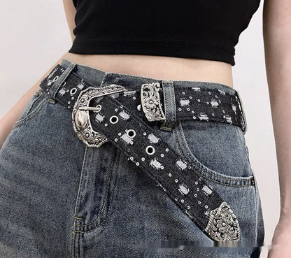 Blue Denim Belt Vintage Carved Leather Belt Accessory