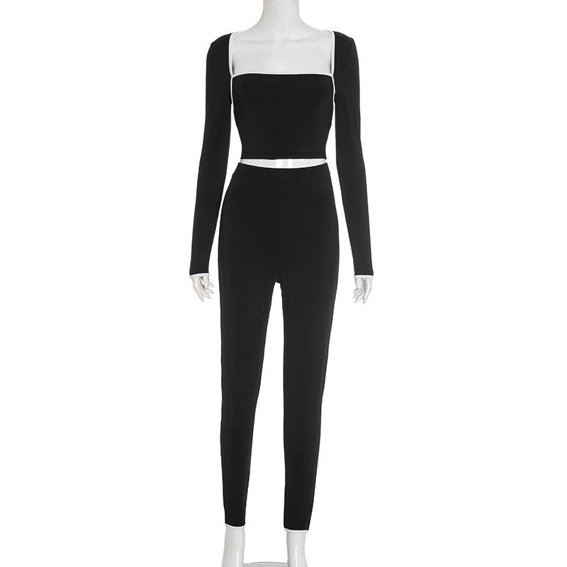 Stitching Color-contrasting Stripe Long Sleeve Top Slim Trousers Suit