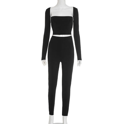 Stitching Color-contrasting Stripe Long Sleeve Top Slim Trousers Suit