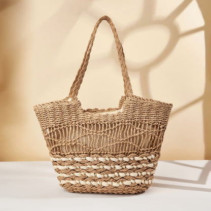 Hollow Pattern Straw Handbag Beach Shoulder Woven Bag