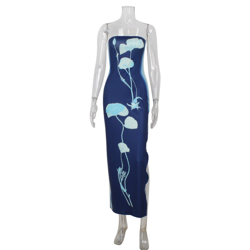 Women's Fashionable Printed Bodycon Slit Slip Dress