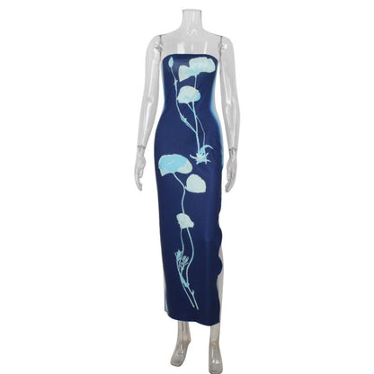 Women's Fashionable Printed Bodycon Slit Slip Dress