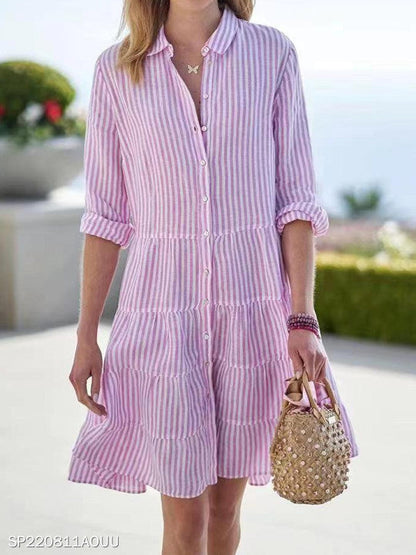 Ins Striped Long-sleeved Shirt Dress Fashion Lapel Button Dresses For Women