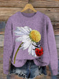Digital-print Rabbit Amidst A Floral Meadowartistic Outfit Warm Chunky-knit Crewneck Hoodie