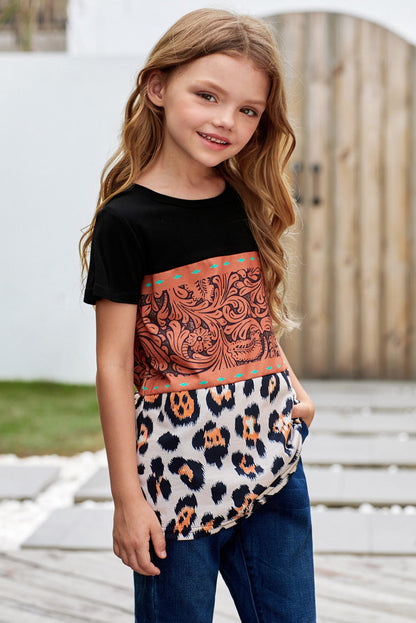 Brown Print Leopard Colorblock Girls' T-shirt