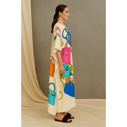 CAIRO Luxe Handbag Print Silk Caftan – Ivory Multicolor