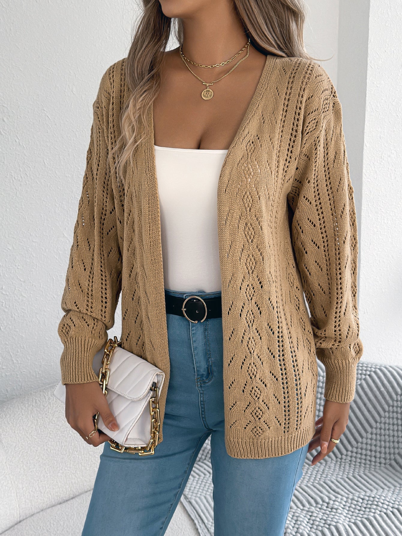 Women Casual Hollow Out Lantern Sleeve Long Sleeve Cardigan Sweater Coat
