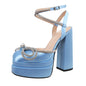 Women's Square Toe Heel Double Platform Thick High Heel Bow Large Size Hollow Sandals
