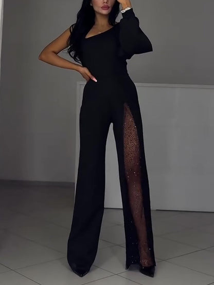 Single Sleeve Patchwork Mesh Jumpsuit