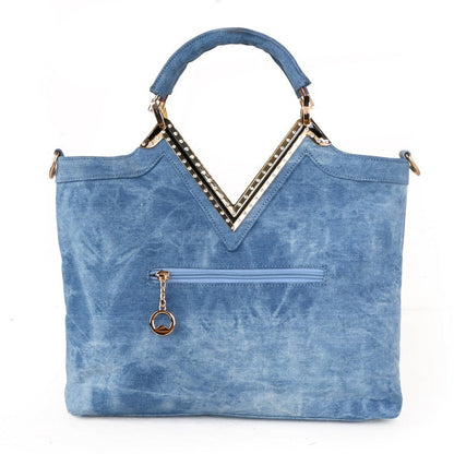 Fashion Women's V-shaped Diamond Flower Denim Bag
