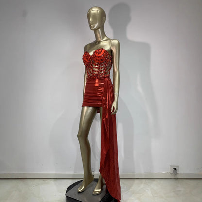 Sexy Skirt Suit Hollow Mesh See-through Banquet Company Party Stage Costume