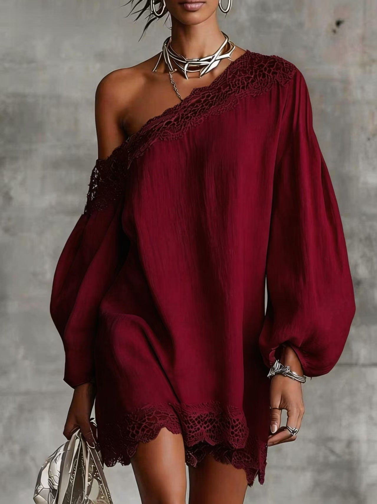 Solid-color Lace-trimmed Casual Off-shoulder Long-sleeve Top