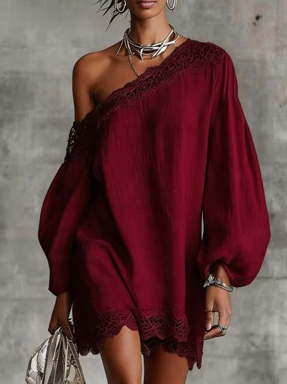 Solid-color Lace-trimmed Casual Off-shoulder Long-sleeve Top