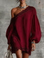 Solid-color Lace-trimmed Casual Off-shoulder Long-sleeve Top