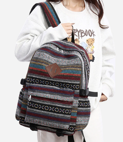 Ethnic style backpack leisure plaid canvas bag leisure large capacity student women backpack leisure travel trendy bag
