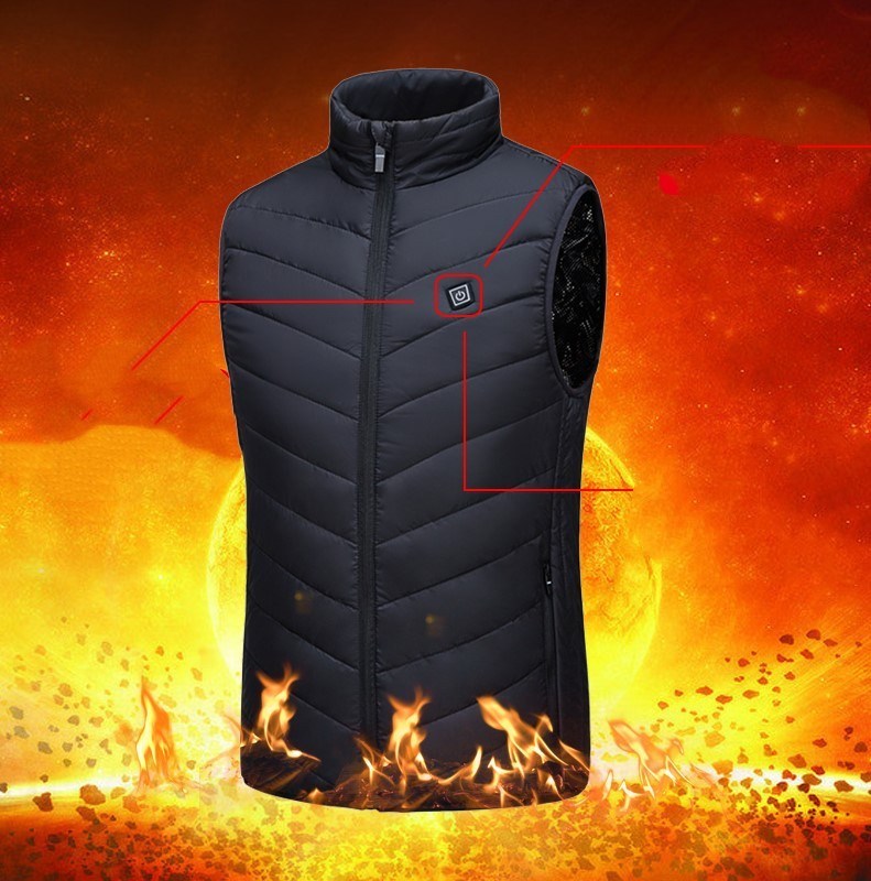 USB interface smart heating vest for men and women in black, featuring a zippered closure and puffy design.