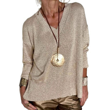 Casual Minimalist, Loose-fitting V-neck Knit Top For Women
