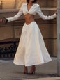 White Cutout Shirt Collar Two-Piece Set - Long Sleeve Crop Top & High-Waisted Maxi Skirt