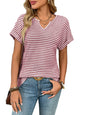 New Women's V-neck Short-sleeve Loose-fit Striped Casual Pullover T-shirt