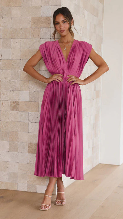 Summer V-neck Pleated Dress INS Fashion Casual Loose Zip Sleeveless Dresses For Women Clothing