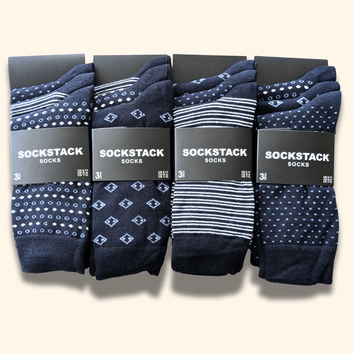 12 Pairs Men's Soft Cotton Colourful Heel Toe Black Argyle Diamond Easycare Comfortable Shoe Socks Flat Toe Seam Durable Work School Business Wear UK 6-11 by Sock Stack