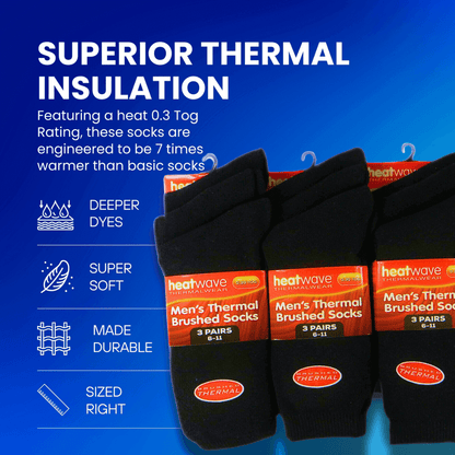 12 Pairs Mens Black Thermal Socks Warm Work Boot Socks Superior Insulation Cold Weather Double Brushed Advanced Knitting Technology Extra Warmth by Heatwave Thermalwear
