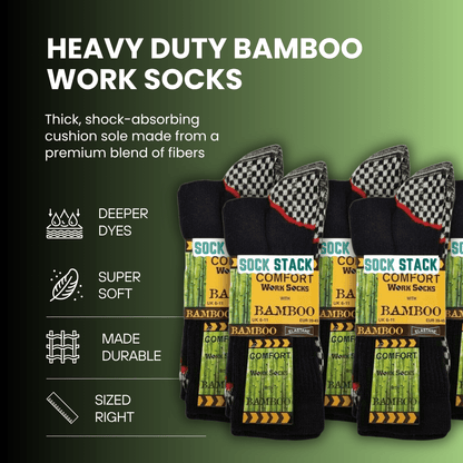 12 Pairs Mens Heavy Duty Bamboo Work Socks Moisture Wicking Cushioned Reinforced Heel Toe for Construction and Outdoor Work UK Sizes 6-11 Sock Stack