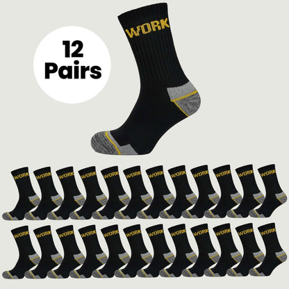 12 Pairs Mens Heavy Duty Work Socks Cushion Sole Reinforced Toe Heel Durable Black Boot Sock for Construction Outdoor Jobs Walking Sizes UK 6-11 EUR 39-45 by Sock Stack