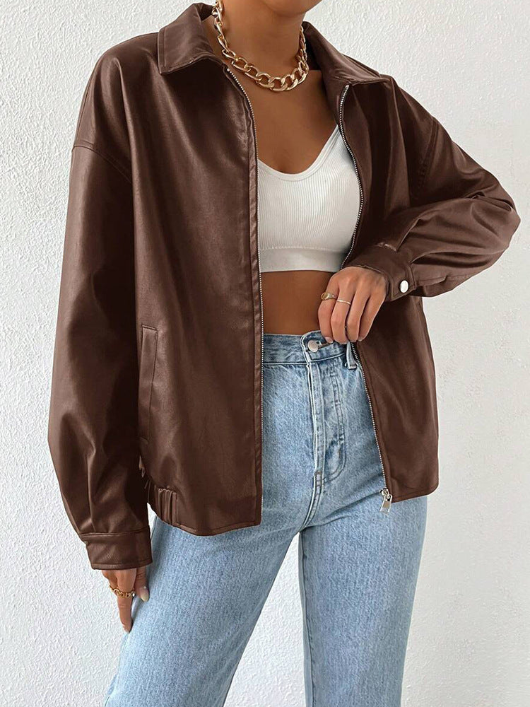 PU Leather Coat Retro Biker's Long Sleeve Zipper Lapel Jacket