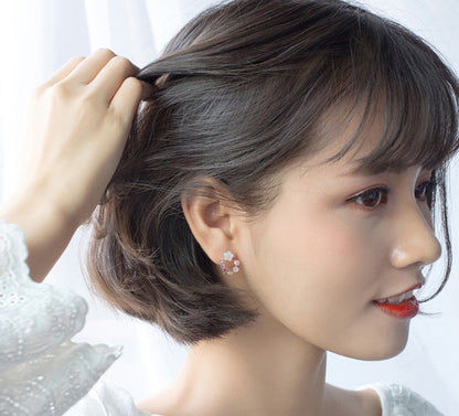 Diamond flower pearl earrings