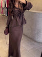 V-neck Long-sleeved Tunic & High-waisted Skirt Set