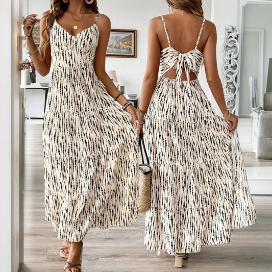 European And American Vacation Style Sling Dress Irregular Stripe Design